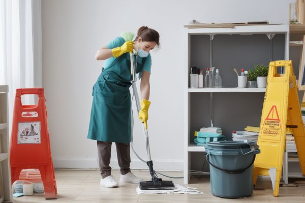 Cleaning team preparing and organizing space before deep cleaning