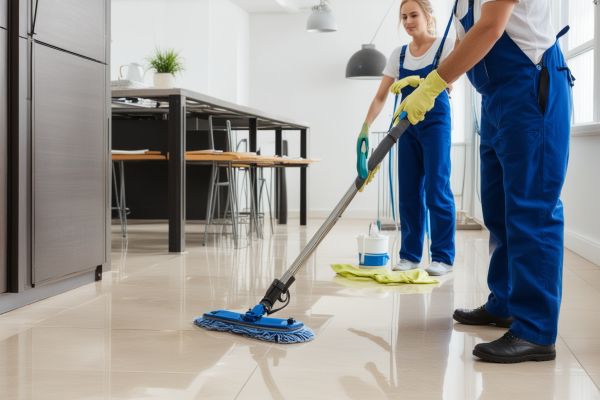 Professional cleaning team performing systematic deep cleaning