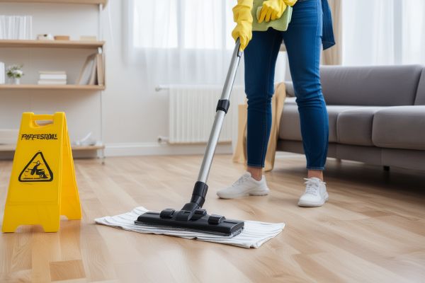 Professional house cleaning service with vacuum and cleaning supplies