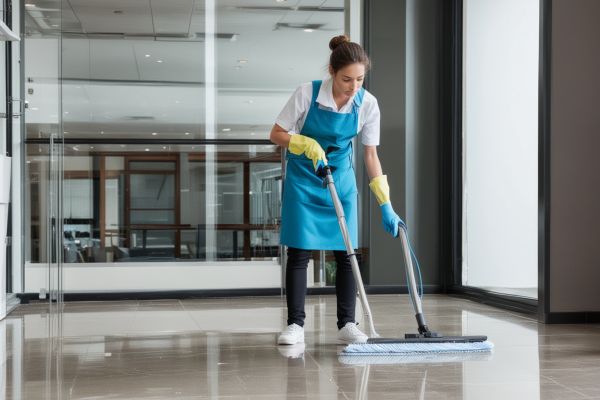 Commercial office cleaning with professional team and modern equipment