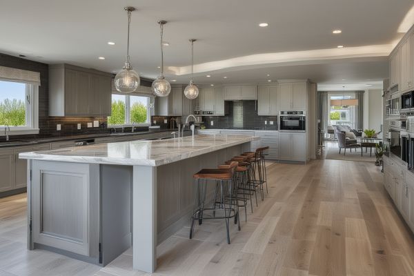 Professional residential cleaning in modern kitchen and living area