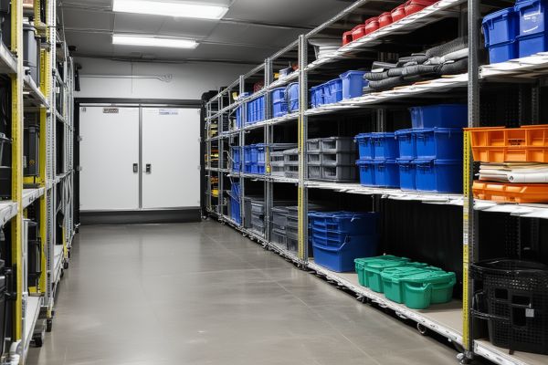 Professional cleaning equipment and supplies in organized storage area