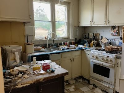 Kitchen before cleaning - cluttered and dirty surfaces