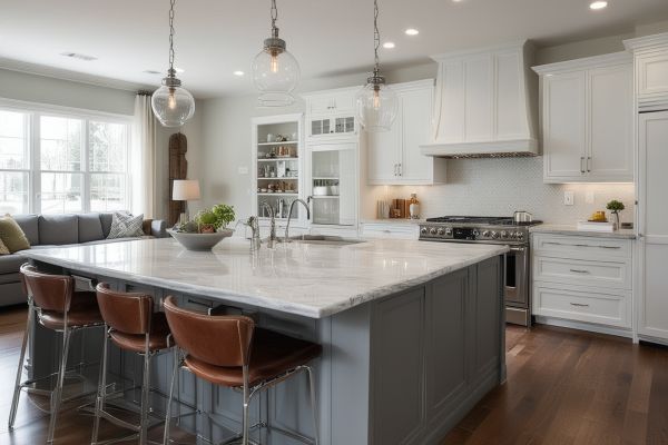 Professional residential cleaning in a beautiful modern home kitchen and living area