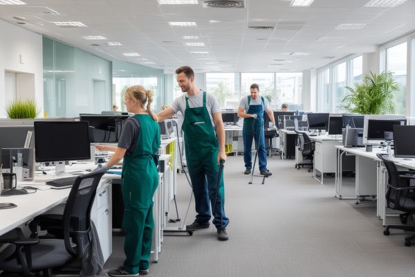 Professional commercial cleaning team in a modern office environment