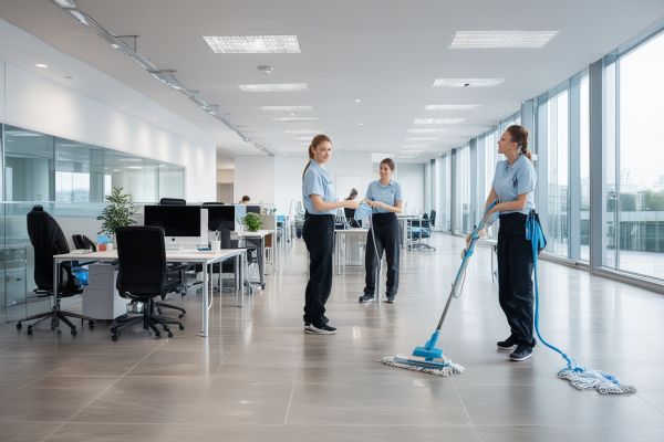 Professional cleaning team working in a modern office environment