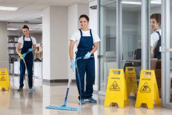Commercial office building cleaning with professional staff