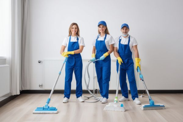 Professional cleaning team with modern equipment and eco-friendly supplies